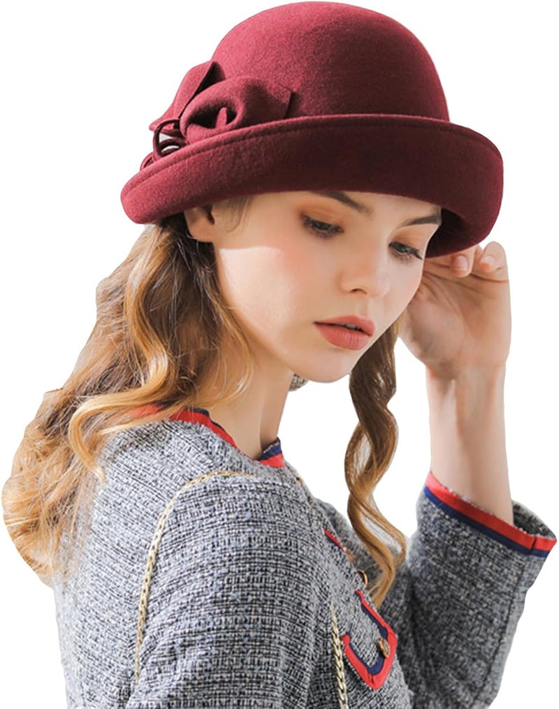 ORIDOOR Women Vintage Wool Felt Flowers Bucket Cloche Bowler Hat Church Wedding Dress Fascinator Hat Winter Felt Fedoras - Image 1